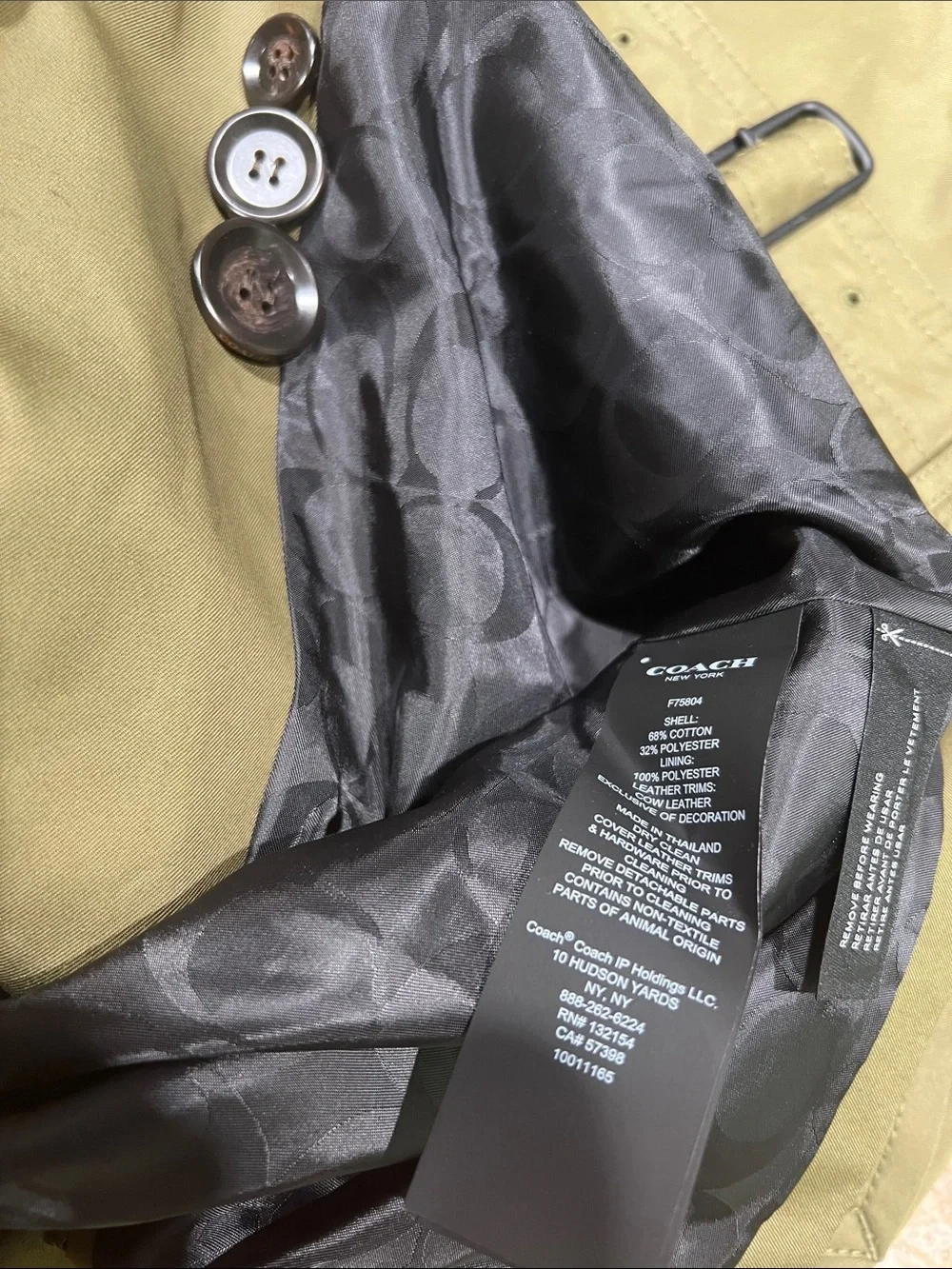 Coach Olive Green Double-Breasted Mid Trench Coat with Belt XXSmall
